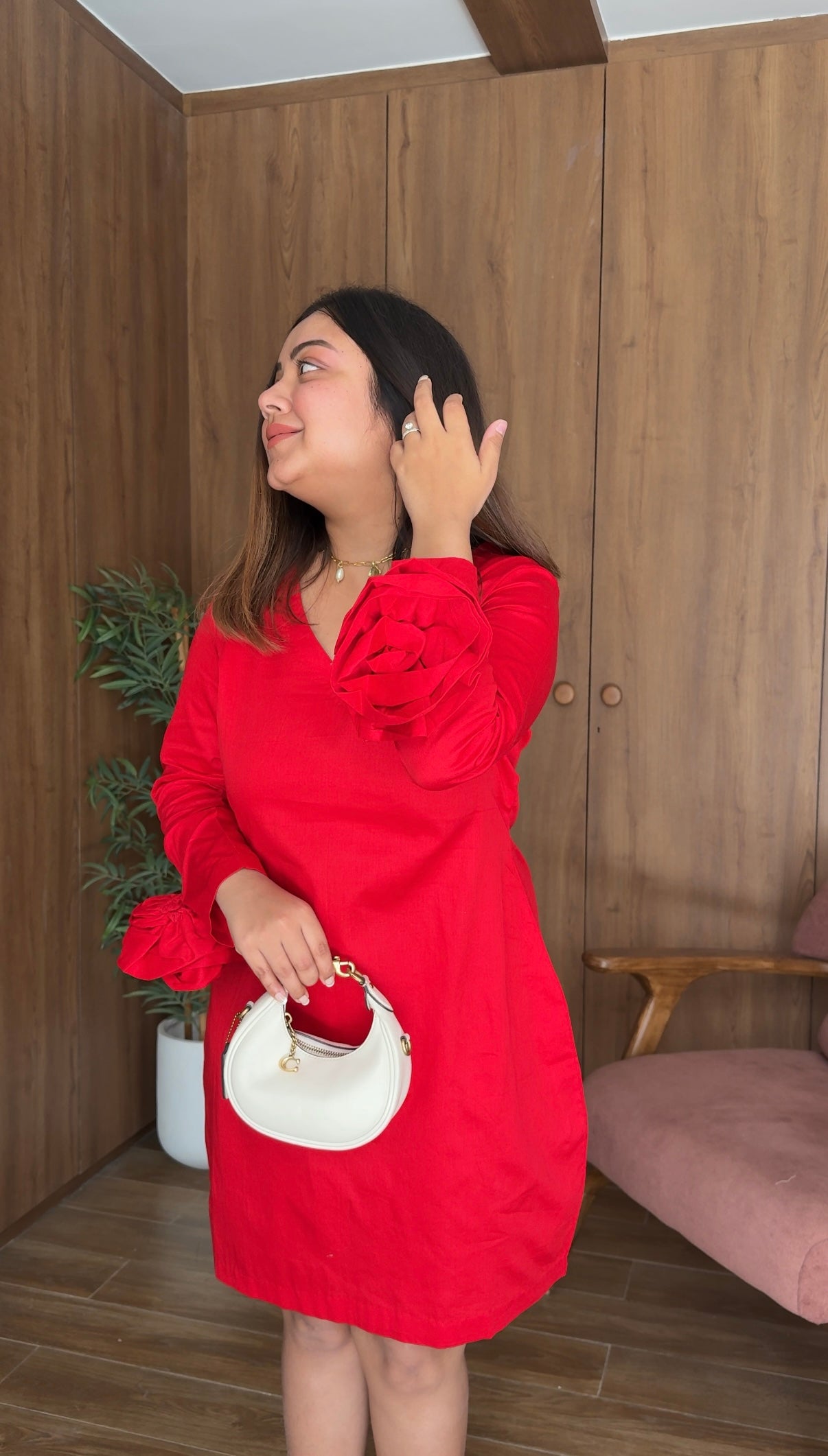 Red V-Neck Floral Sleeve Mini Dress for Women