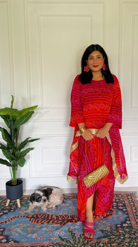 Bandhani Kaftan Set With Dhoti Drape Skirt – The Festive Bloom