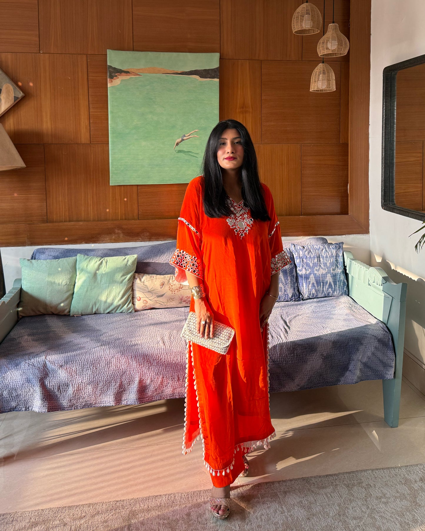 Orange Embroidered Kaftan Kurta Set