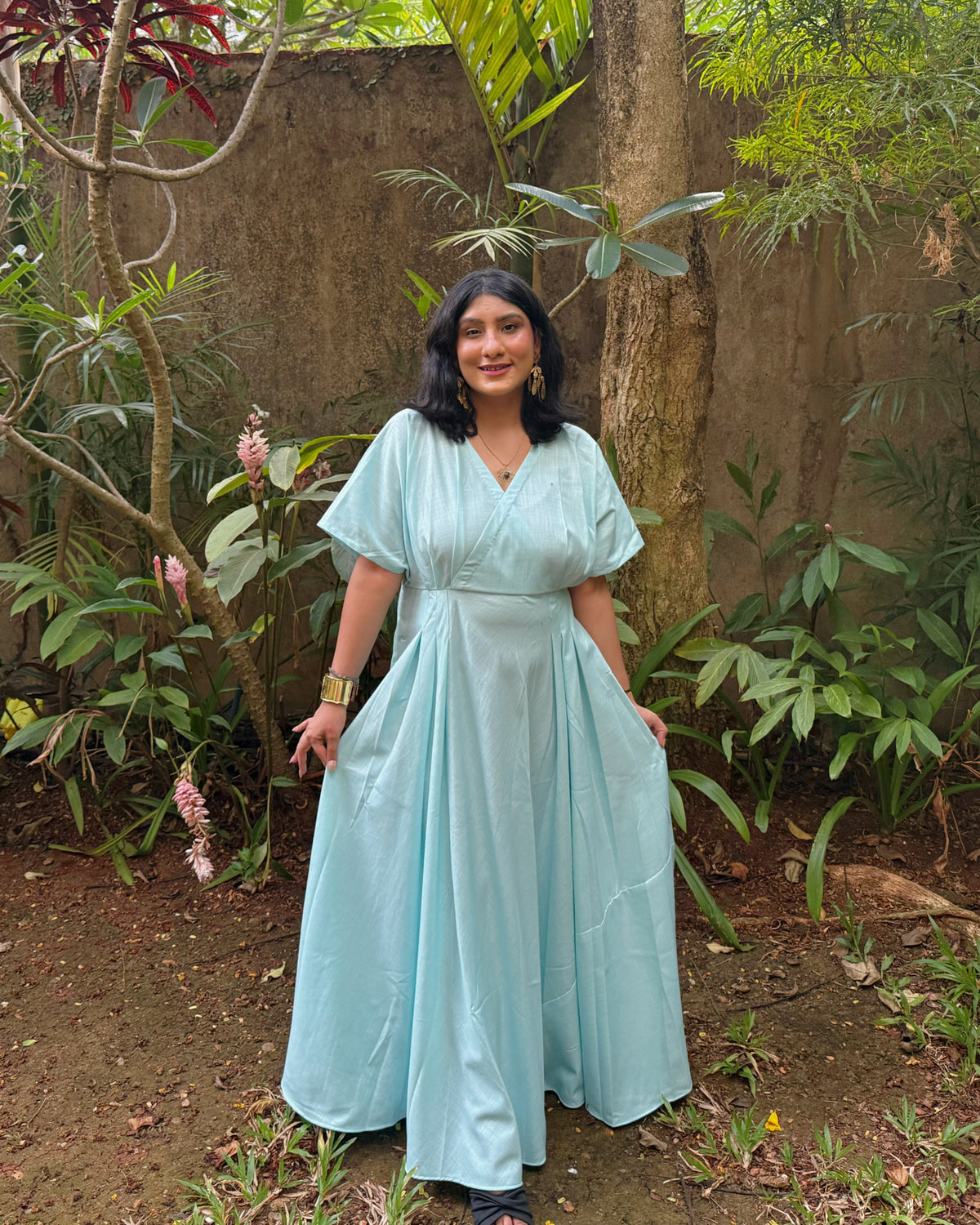 Blue Cotton Maxi Dress for Women | Flowy V-Neck Dress with Short Sleeves