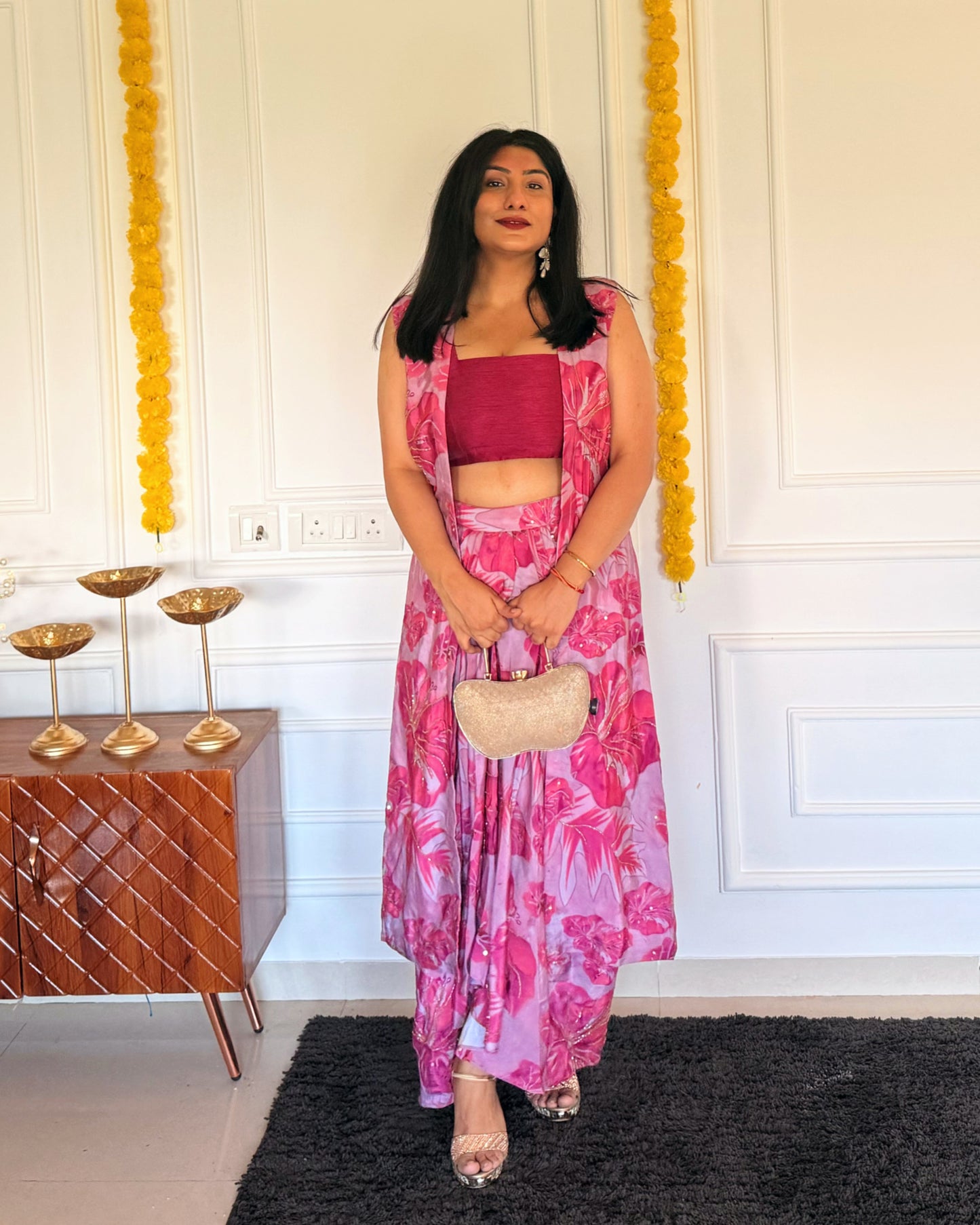 Lilac Luxe – Floral Print Dhoti Skirt & Solid Blouse Co-ord Set