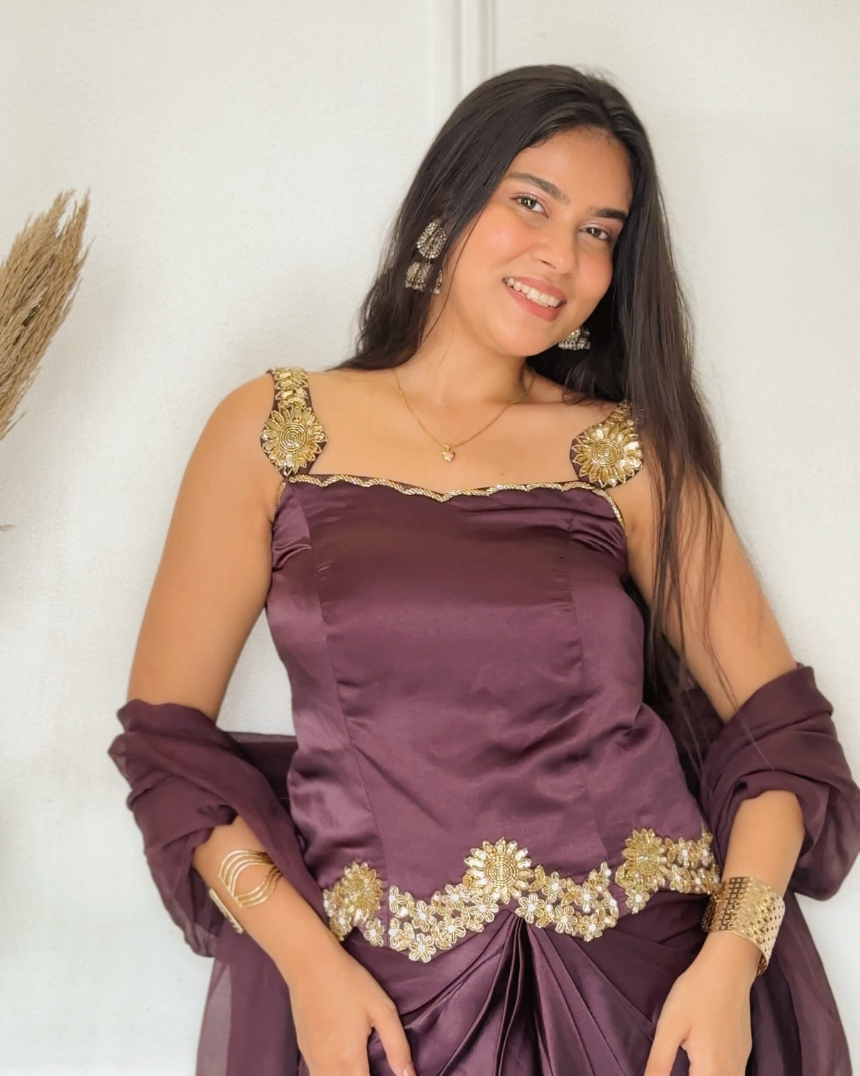 Plum Embroidered Top with Draped Skirt & Organza Dupatta Set