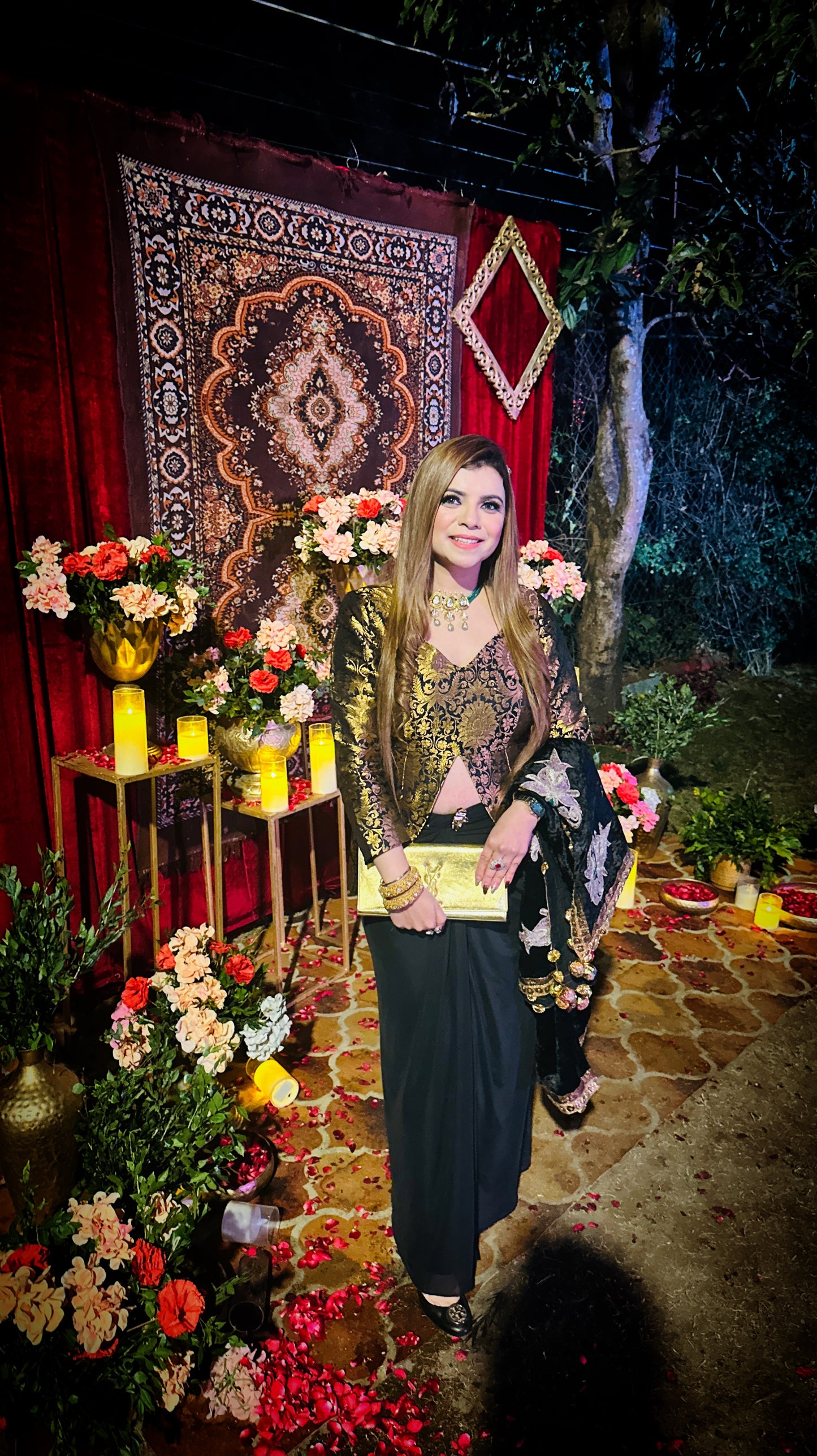 Black & Gold Brocade Co-Ord Set with Drape Skirt