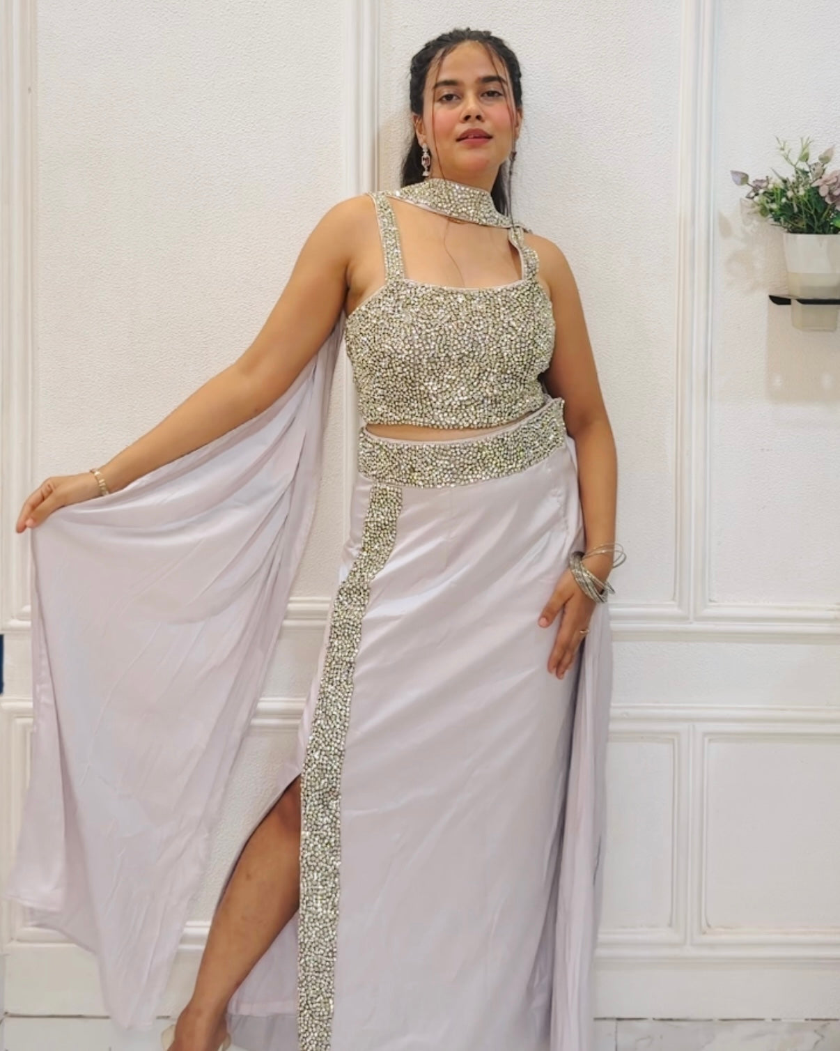 Silver Embellished Draped Skirt Set | Wedding & Party Wear