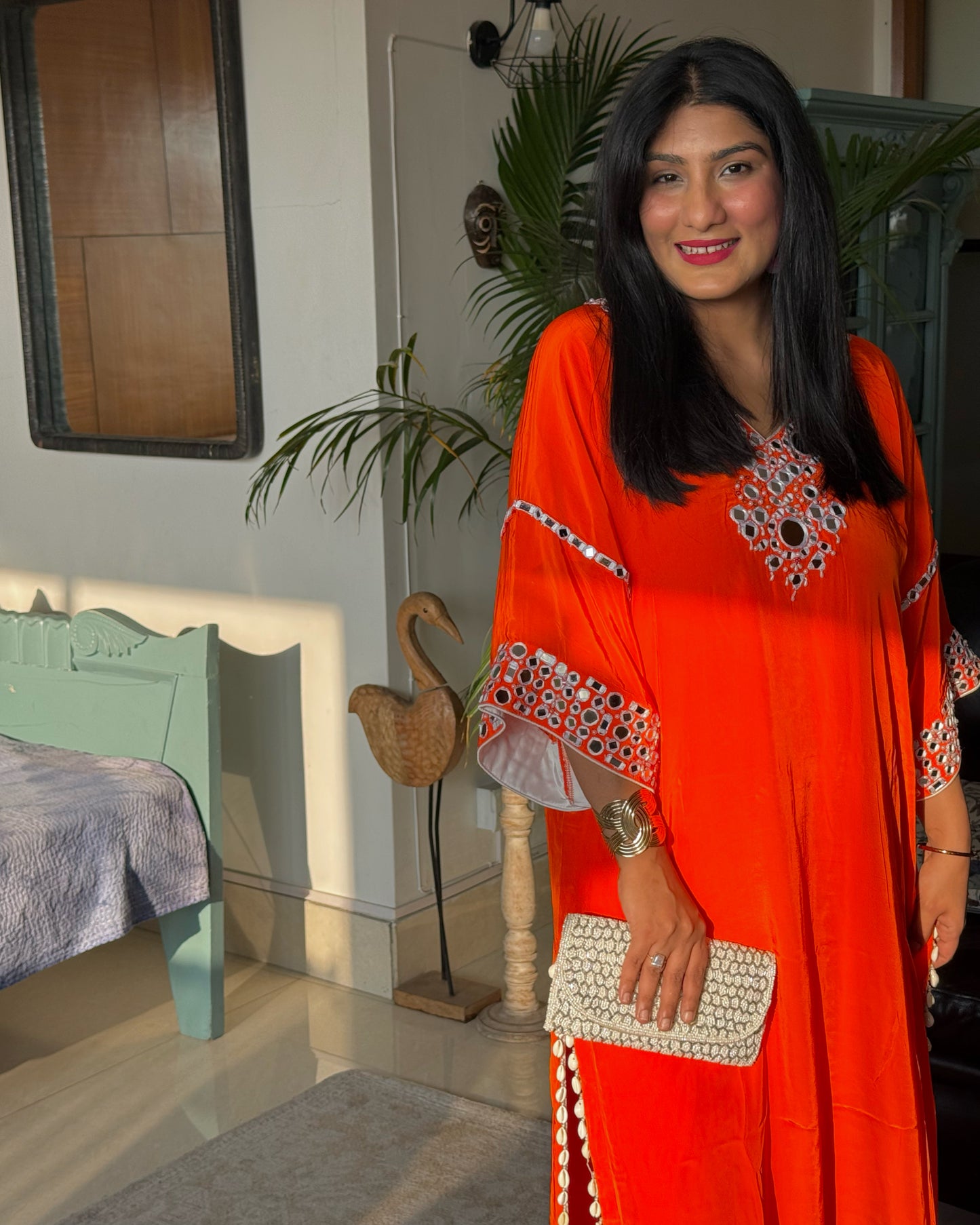 Orange Embroidered Kaftan Kurta Set
