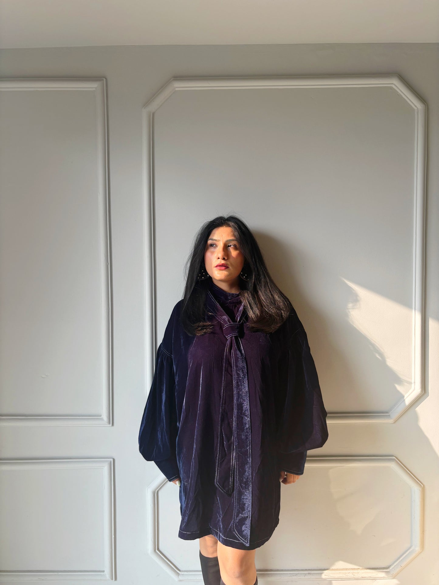 Velvet Tie-Neck Winter Dress for Women