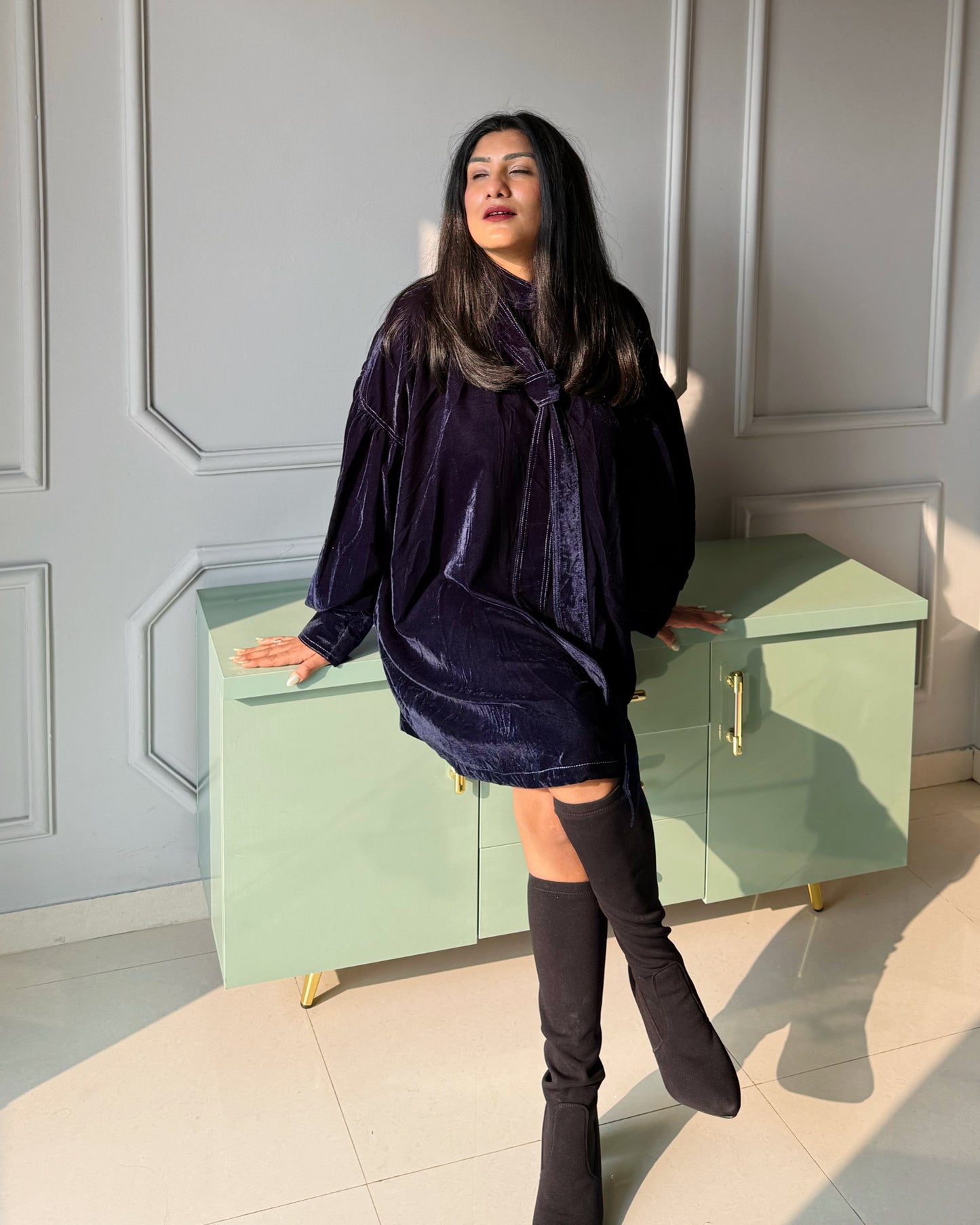 Velvet Tie-Neck Winter Dress for Women