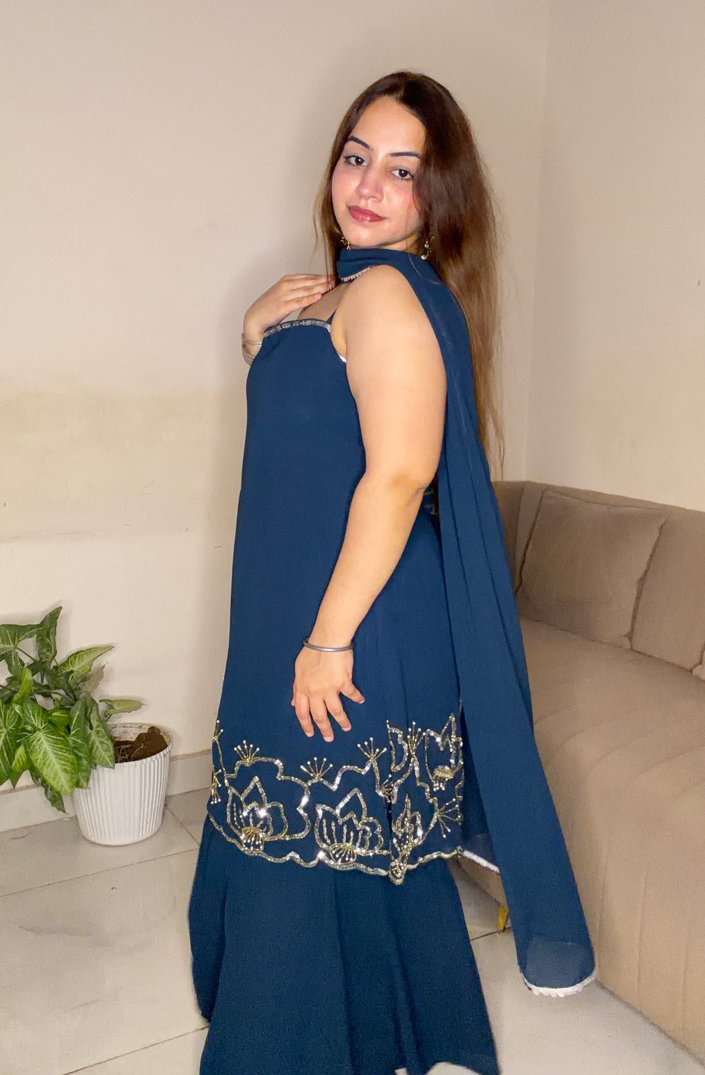 Navy Blue Embroidered Sharara Set