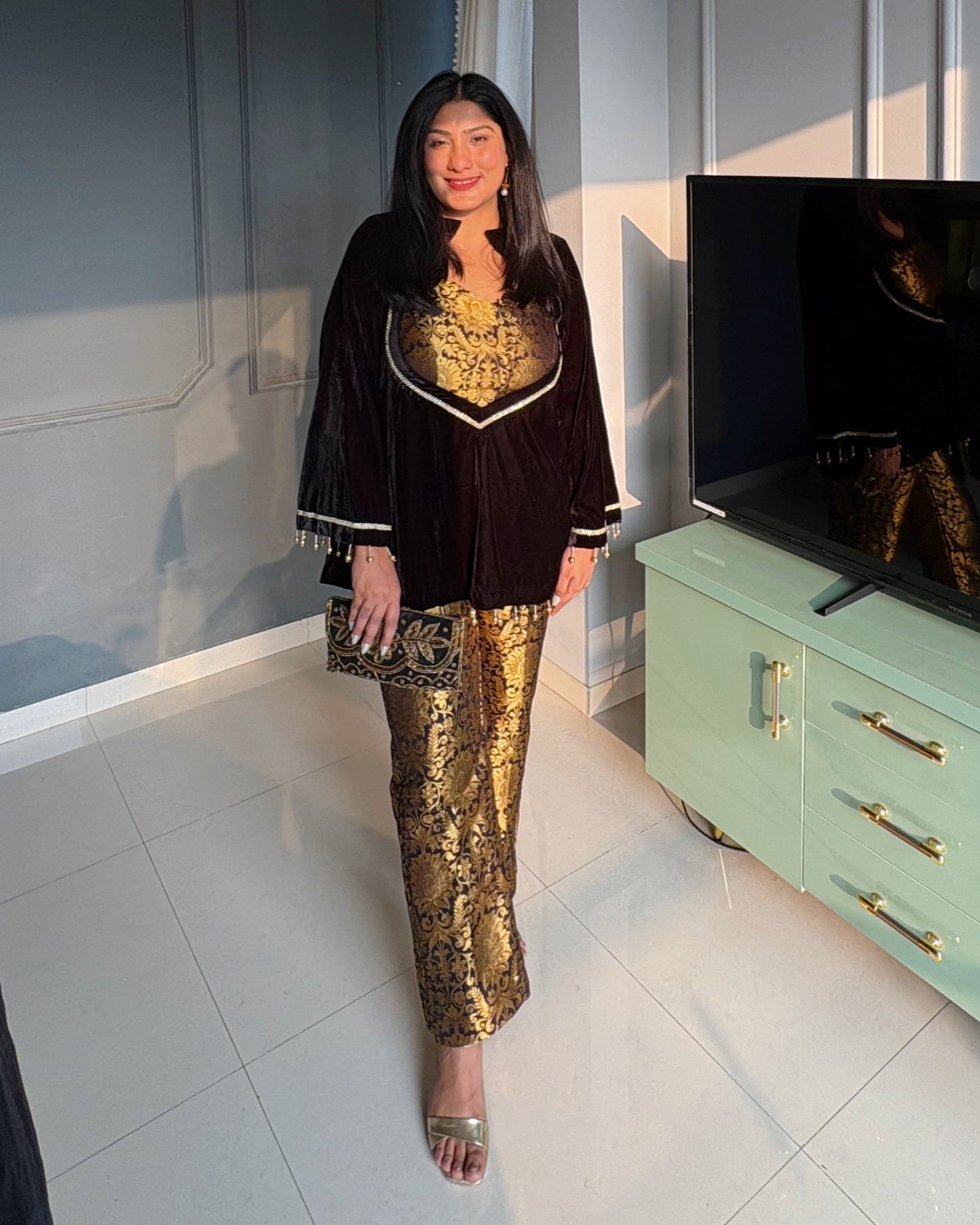 Black & Gold Brocade Kurta Set