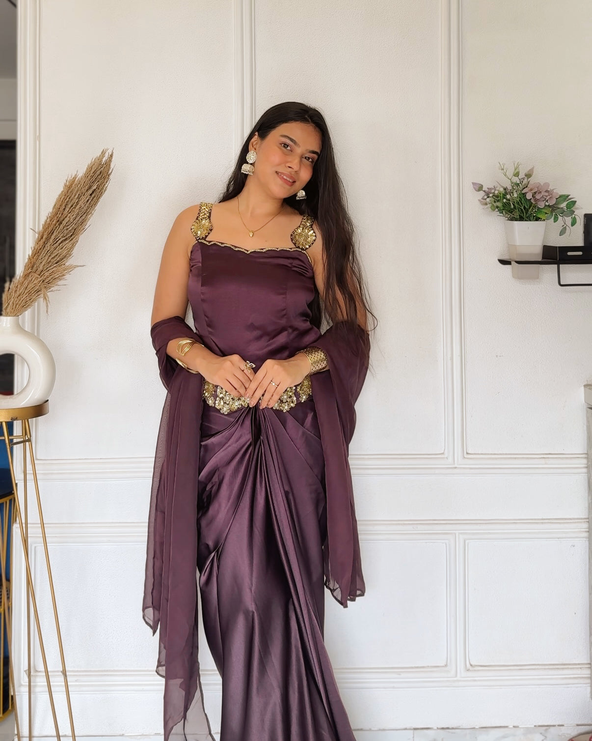Plum Embroidered Top with Draped Skirt & Organza Dupatta Set