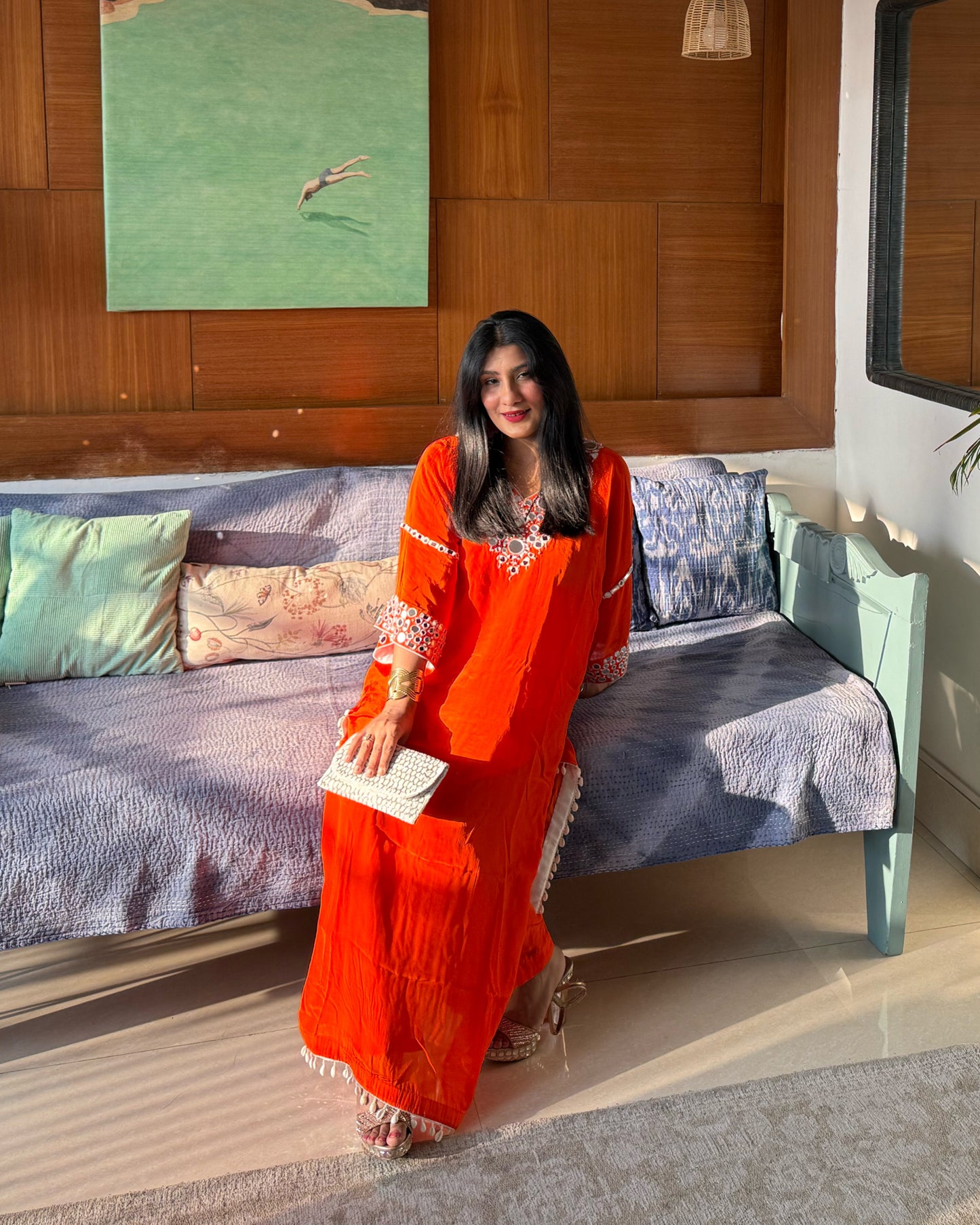 Orange Embroidered Kaftan Kurta Set