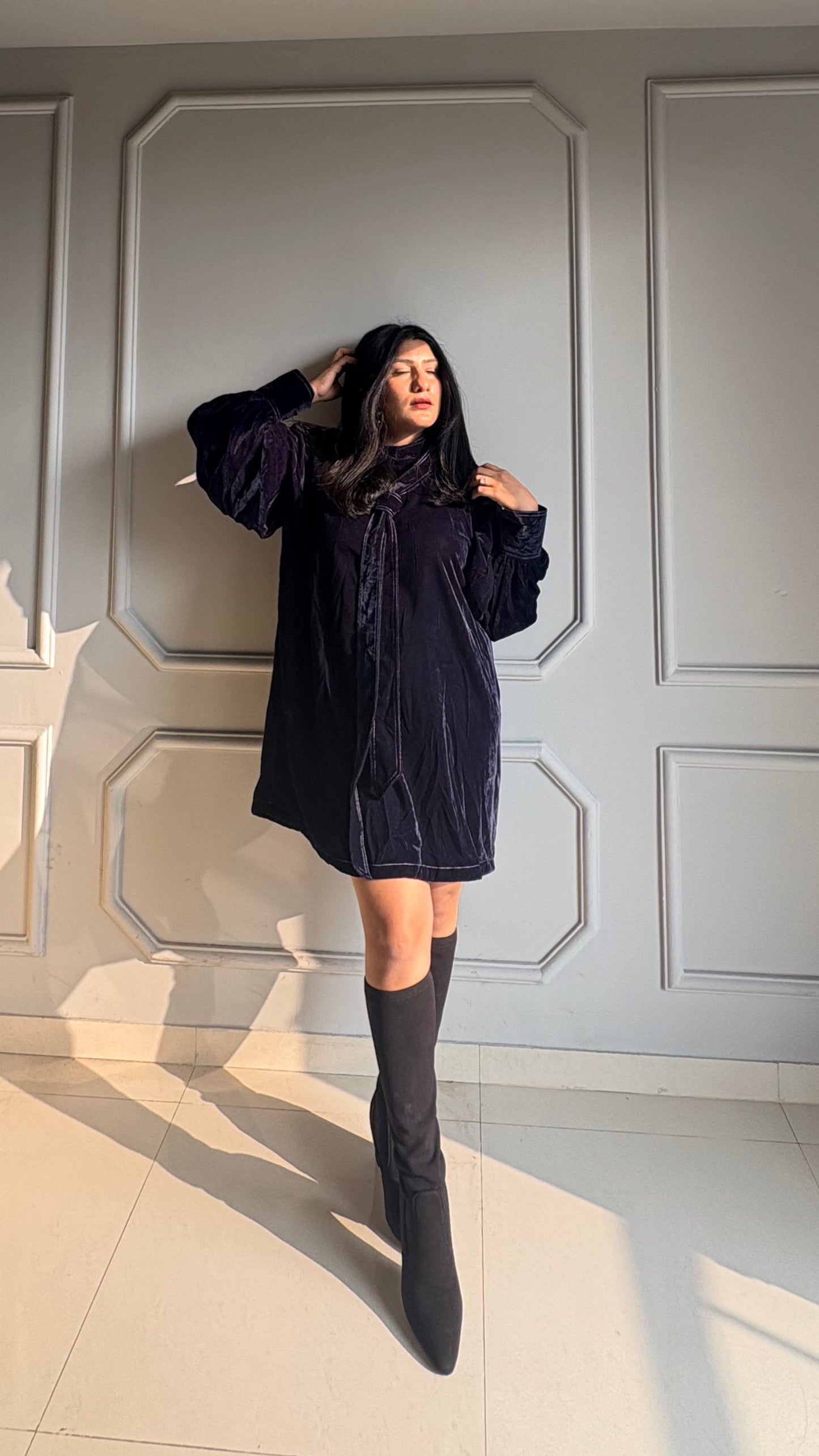 Velvet Tie-Neck Winter Dress for Women