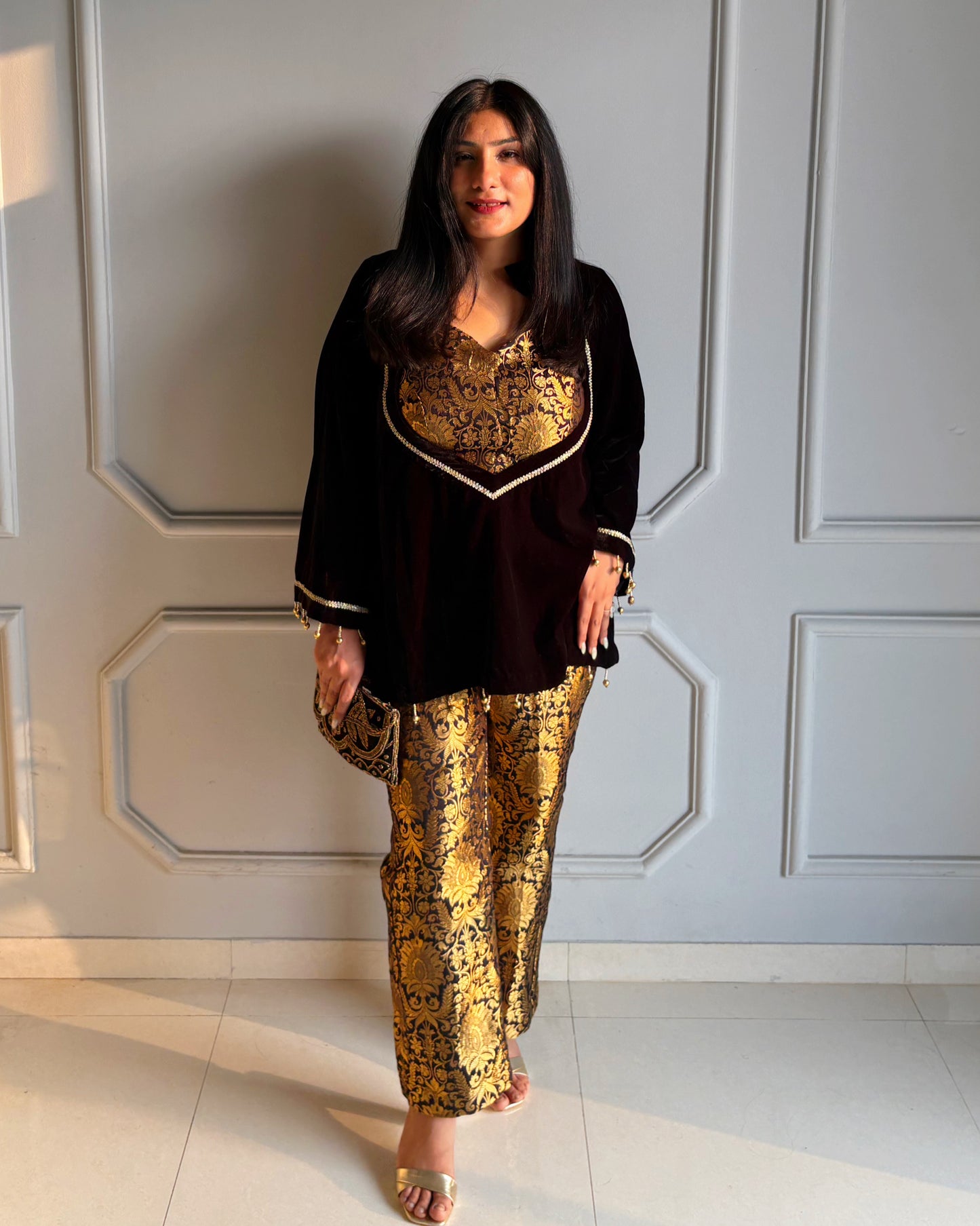 Black & Gold Brocade Kurta Set