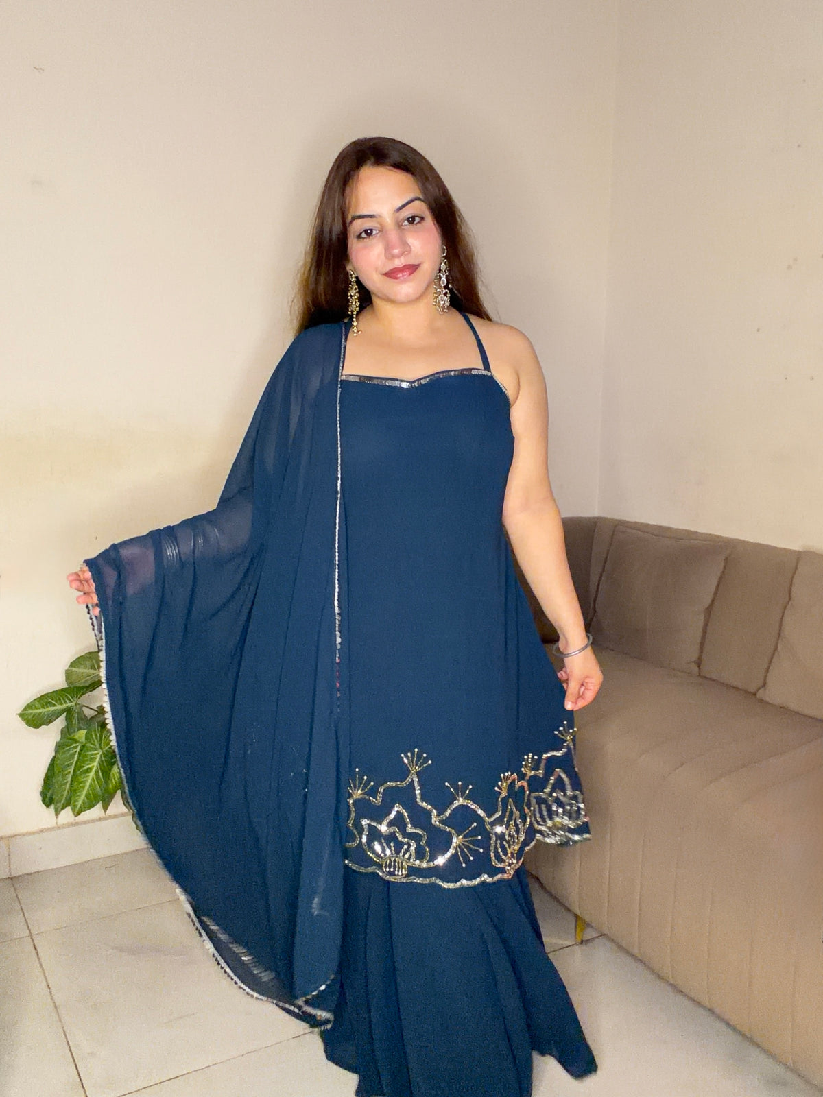 Navy Blue Embroidered Sharara Set