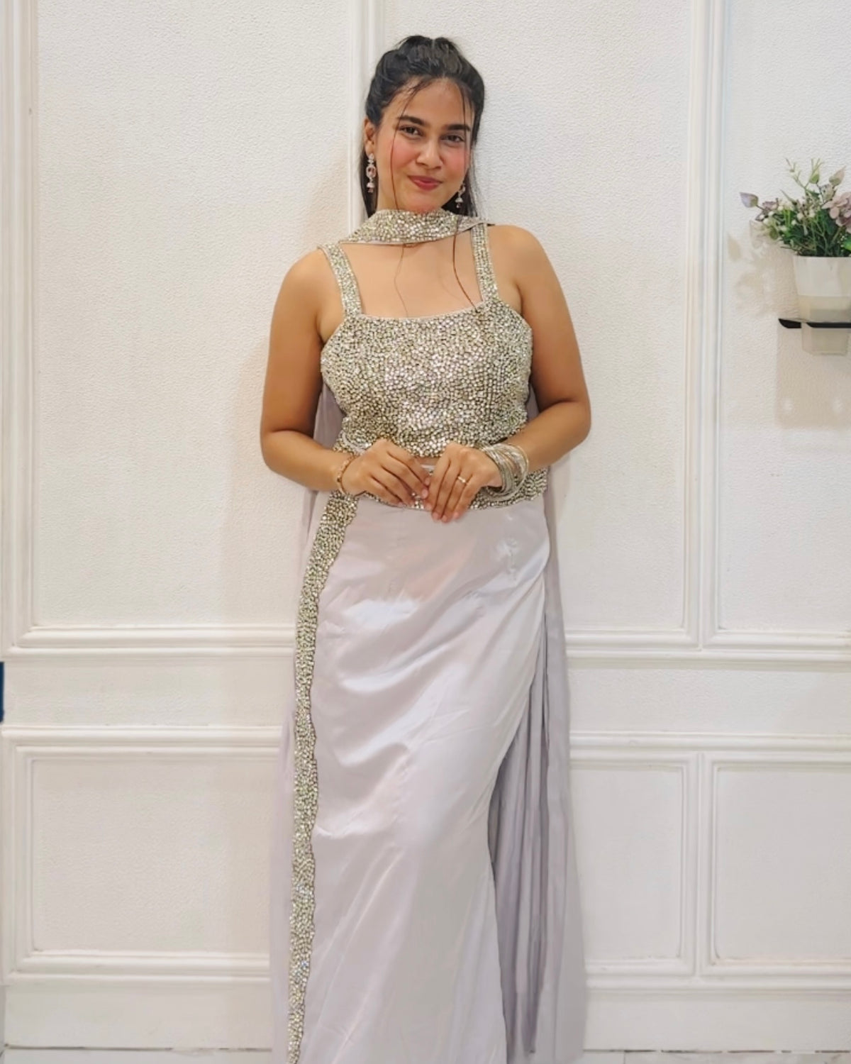 Silver Embellished Draped Skirt Set | Wedding & Party Wear