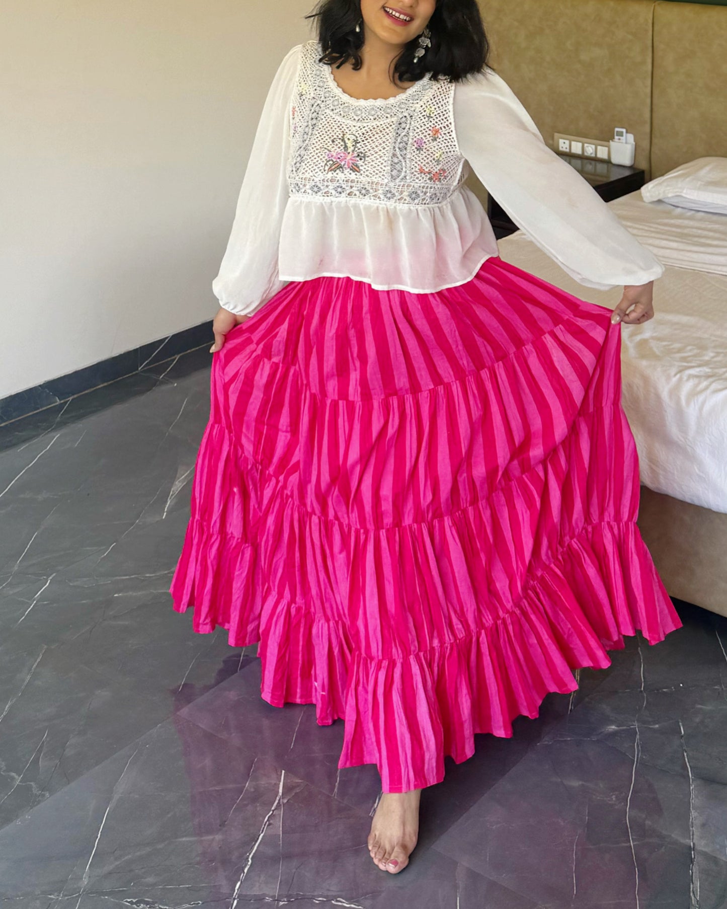 Hot Pink Tiered Flowy Skirt – Statement Cotton Maxi Skirt for Women