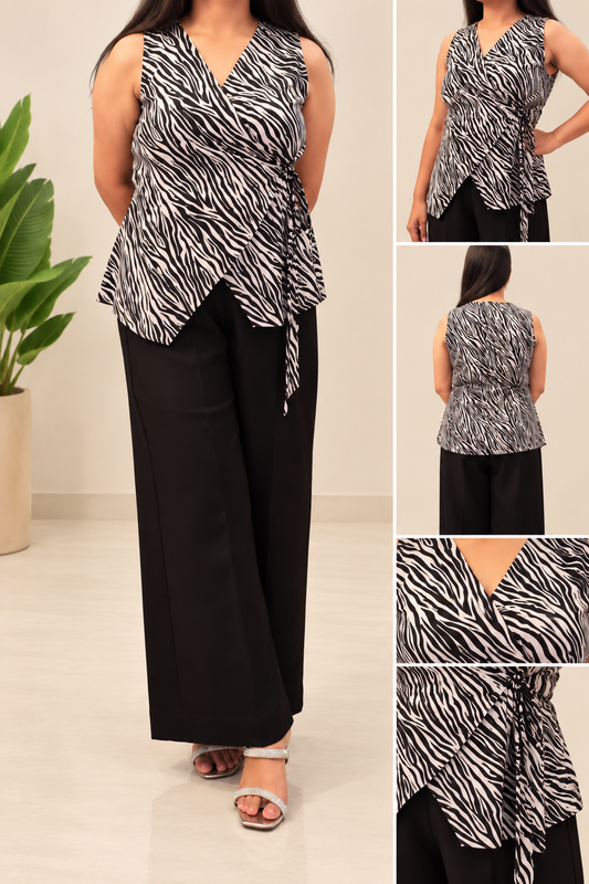 Zebra Print Wrap Top for Women | Sleeveless Asymmetric Black & White Top