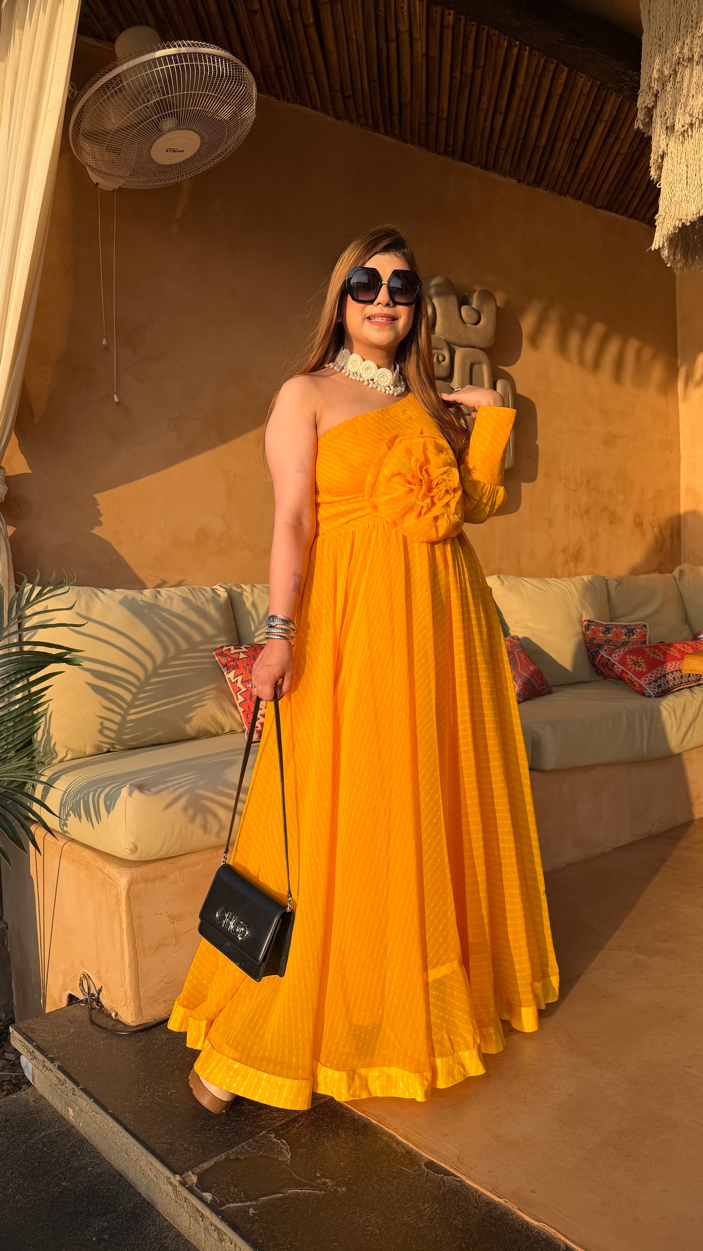 Sun-Kissed Leheriya One-Shoulder Maxi Dress