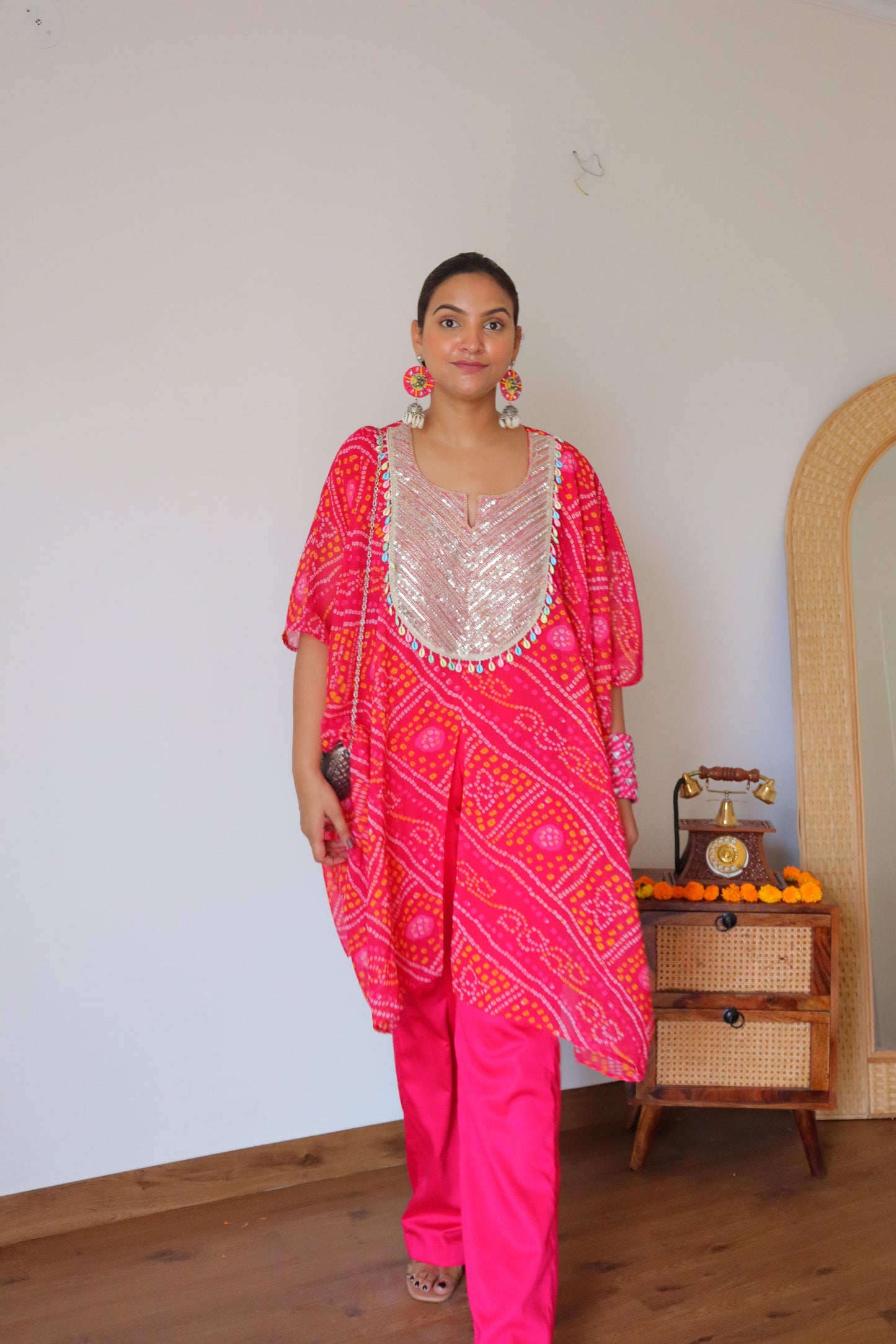 Pink Bhandani Kaftan with shellwork