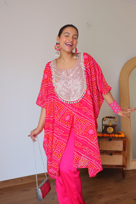 Pink Bhandani Kaftan with shellwork