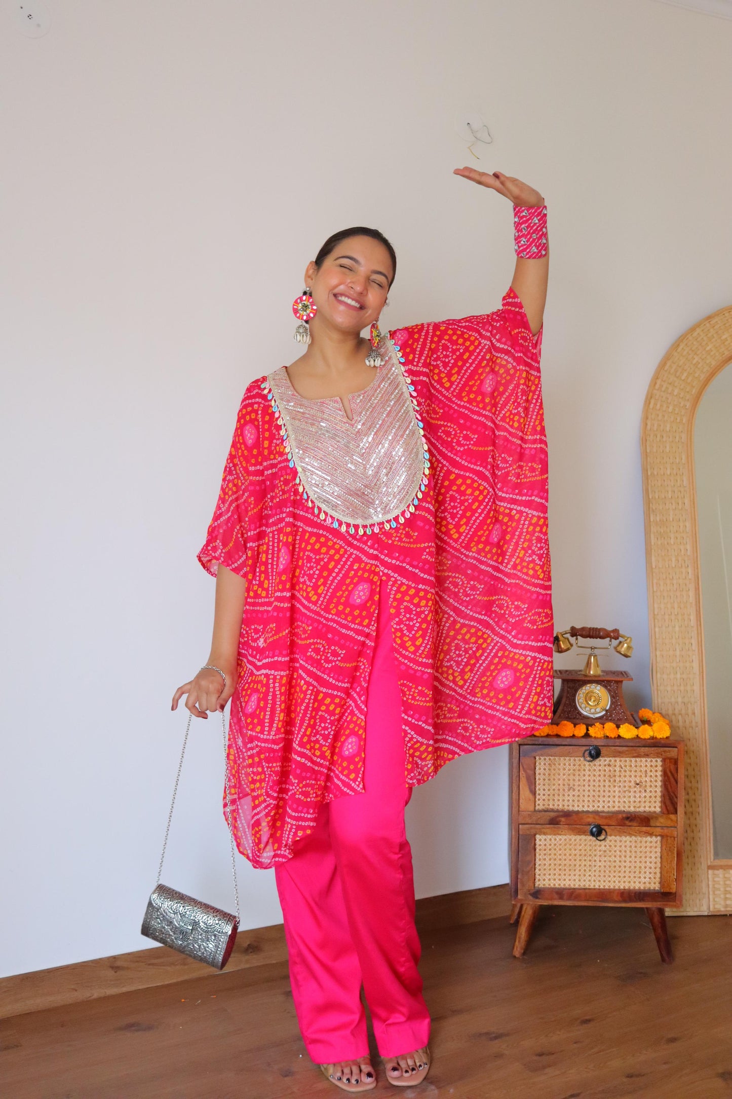 Pink Bhandani Kaftan with shellwork