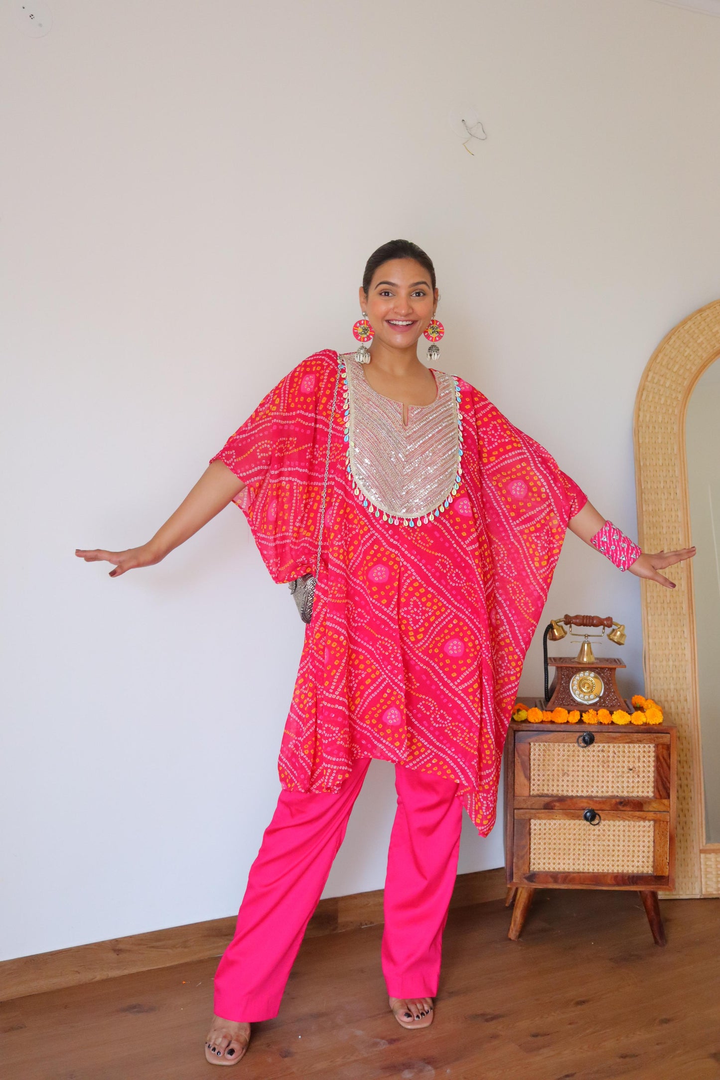 Pink Bhandani Kaftan with shellwork