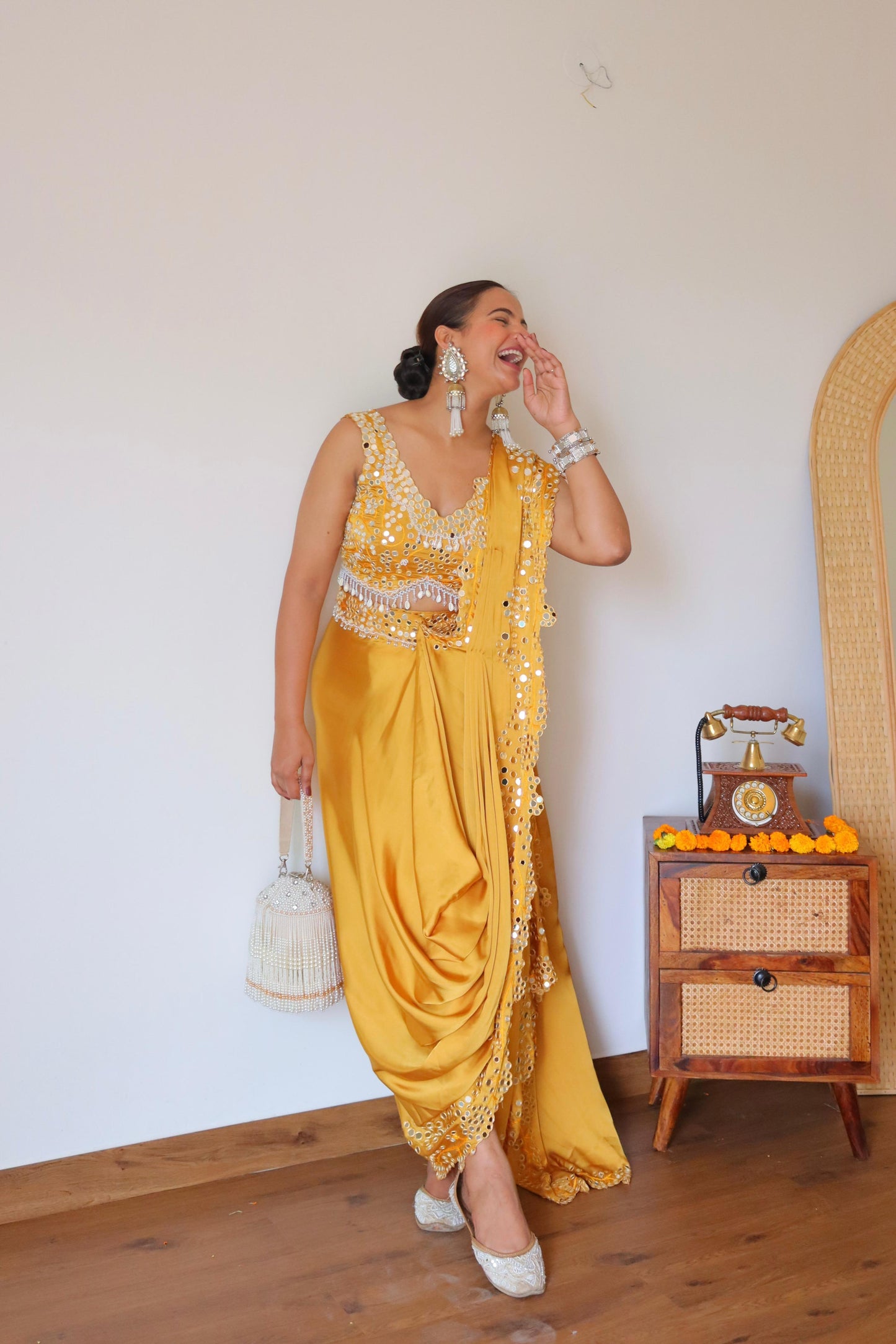 Hand Embroided mirror-work Pre-Draped saree