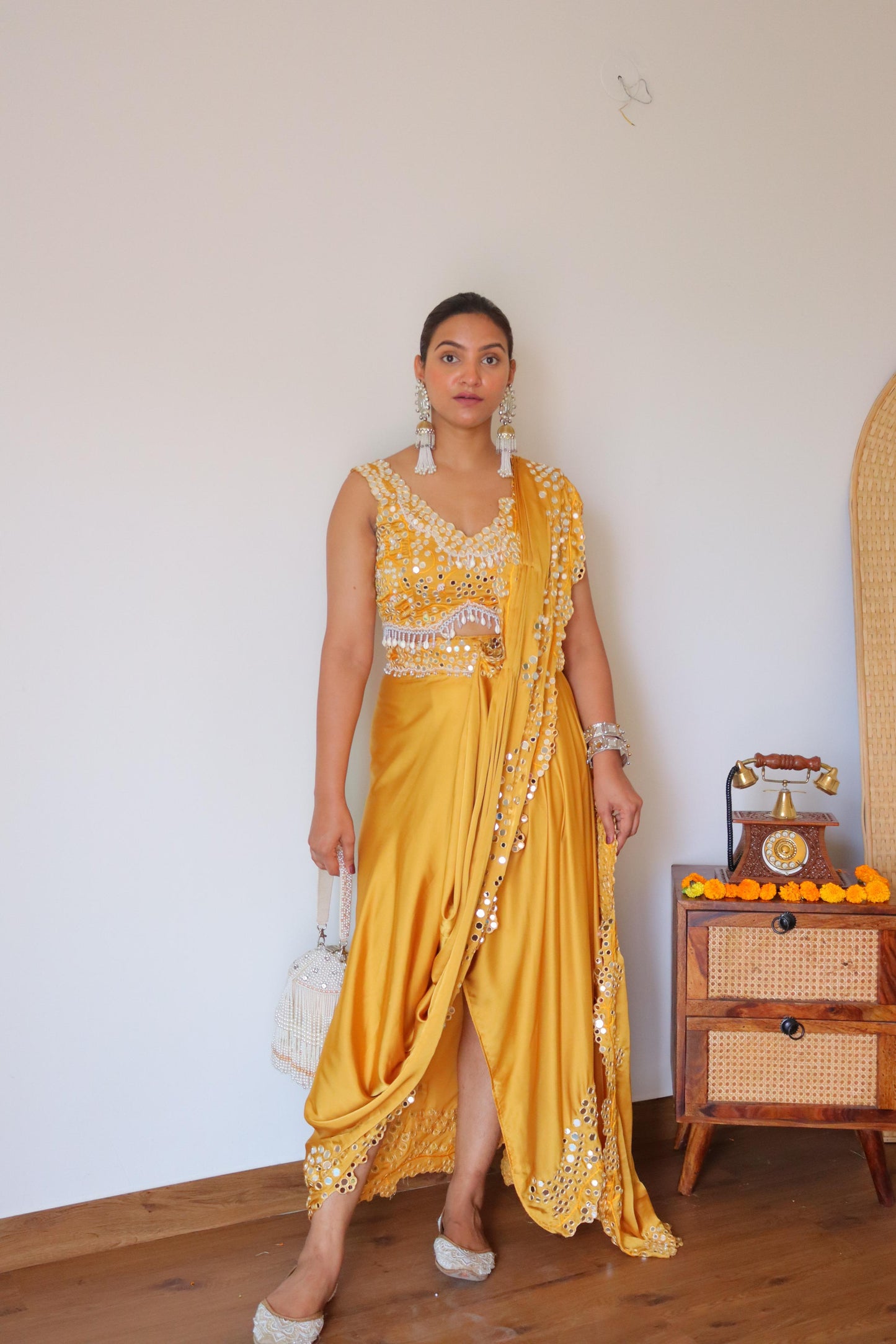 Hand Embroided mirror-work Pre-Draped saree