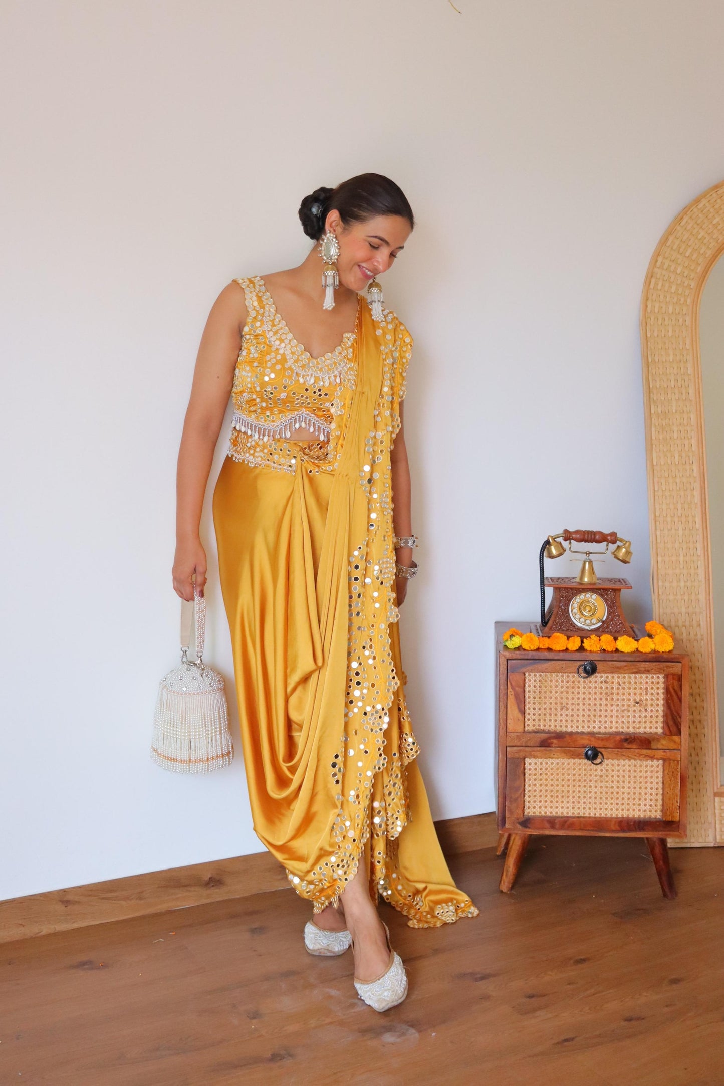 Hand Embroided mirror-work Pre-Draped saree