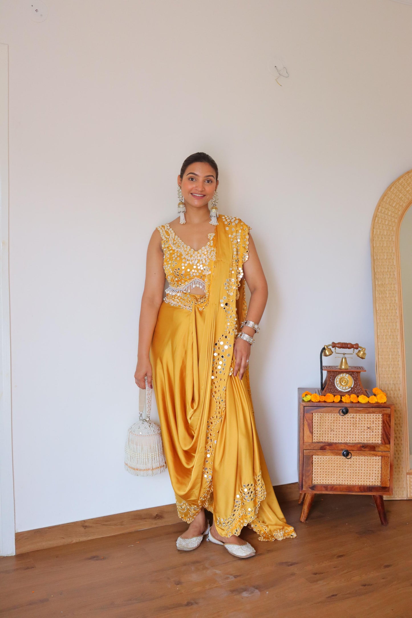 Hand Embroided mirror-work Pre-Draped saree