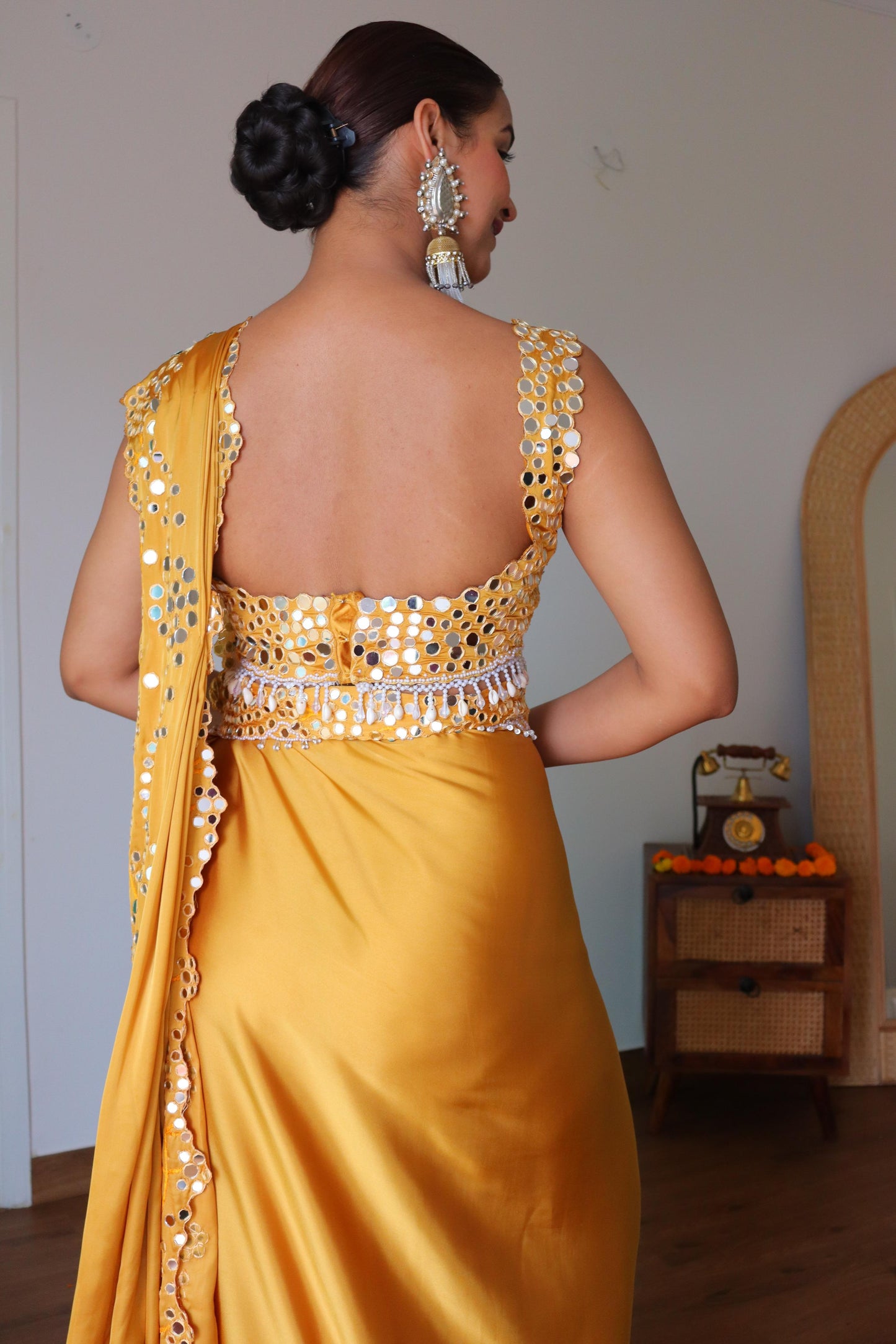 Hand Embroided mirror-work Pre-Draped saree