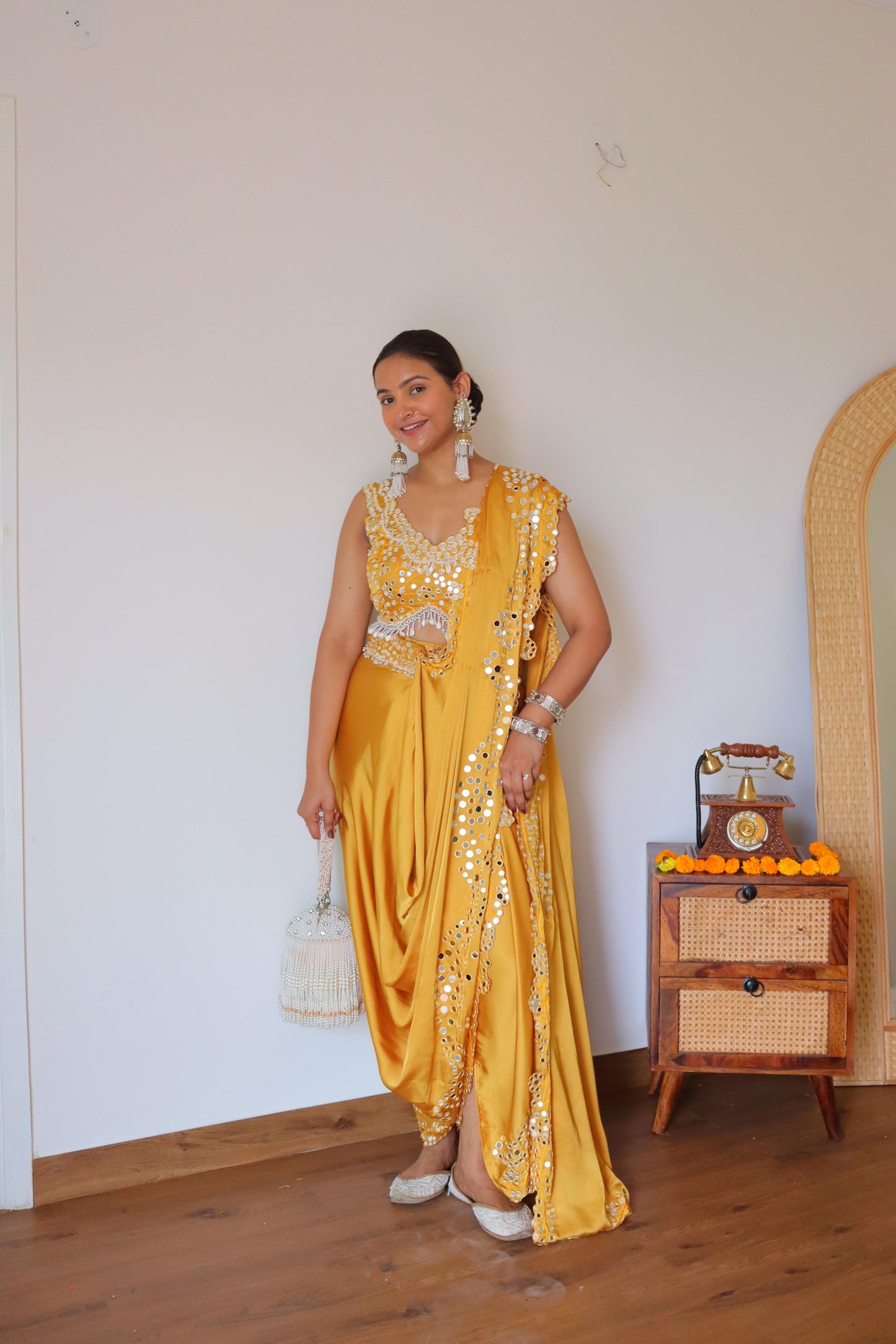 Hand Embroided mirror-work Pre-Draped saree